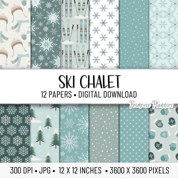 Ski Chalet Digital Paper Pack | Winter Digital Paper | Snowflake Digital Paper | Instant Download | Blue and Teal