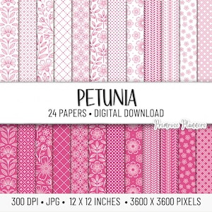 Papier numérique PETUNIA ROSE Motifs | Papier numérique à rayures | Papier de scrapbooking imprimable | Téléchargement instantané | Floral, Fleurs, Points