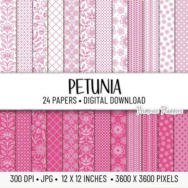 PETUNIA PINK Patterns Digital Paper Pack | Digital Striped Paper | Printable Scrapbook Paper | Instant Download | Floral, Flowers, Dots