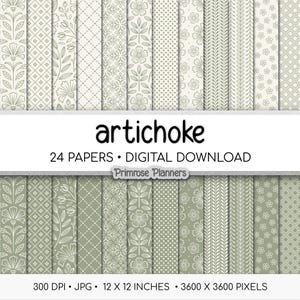 May include: A collection of 24 digital papers with various floral and geometric patterns in shades of green and white. The papers are 12 x 12 inches and are labeled "artichoke" with the text "24 PAPERS • DIGITAL DOWNLOAD" and "Primrose Planners".