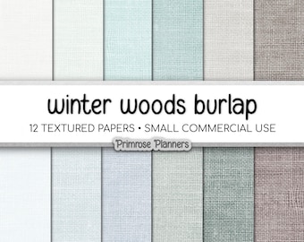 Papel digital de arpillera invernal, textura verde bosque, azul pálido y marrón, fondos rústicos de yute, álbum de recortes de estilo rústico, uso comercial.