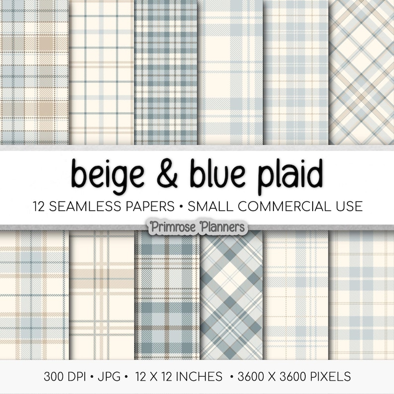 Seamless Blue and Beige Plaid Digital Paper, Cream Buffalo Check, Chambray Sand Tartan, Coastal Beach Scrapbook, Commercial Use, 300 DPI image 1