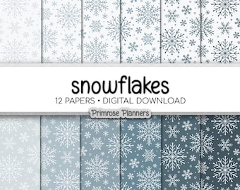Blue Grey Snowflake Digital Paper, White Snow Patterns, Slate Blue Winter Backgrounds, Scrapbook Paper