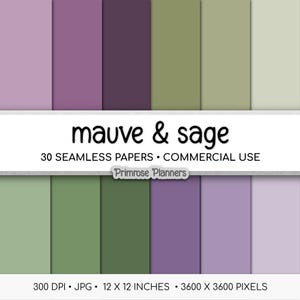Muted Purple & Sage Digital Paper | Solid Color Seamless Backgrounds | Indigo, Mauve, Dusty Violet | Commercial Use Scrapbook Paper