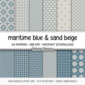 Coastal Farmhouse Tile Digital Paper | Maritime Blue, Sand Beige Geometric Patterns | Modern Trellis Scrapbook Backgrounds
