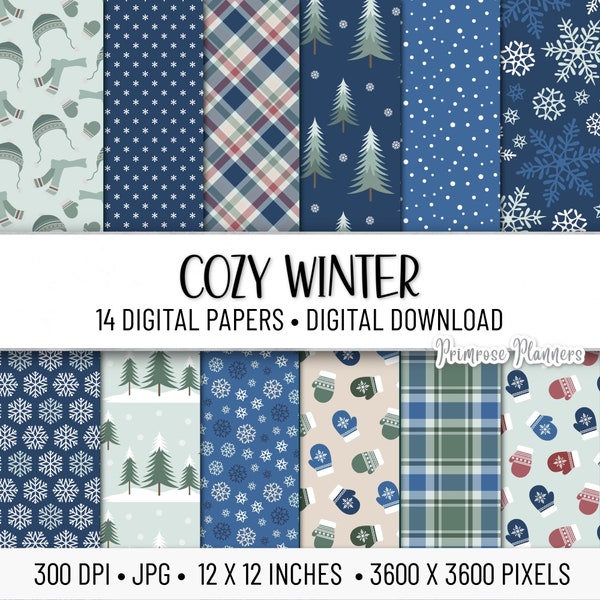 Cozy Winter Digital Paper Pack | Snow Digital Paper | Snowflake Digital Paper | Instant Download | Blue Navy and Green | Plaid Digital Paper