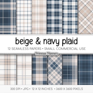 Nahtloses marineblaues und beige kariertes digitales Papier, Büffelscheck, hellbraune Tartan-Muster, kommerzielle Nutzung Scrapbook-Hintergründe, 300 DPI