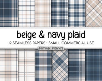 Seamless Navy Blue and Beige Plaid Digital Paper, Buffalo Check, Tan Tartan Patterns, Commercial Use Scrapbook Backgrounds, 300 DPI