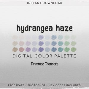 May include: Digital colour palette named "hydrangea haze" featuring a range of pastel shades. The palette includes beige, pink, purple, blue, and green hues. Text at the bottom indicates compatibility with Procreate and Photoshop.