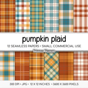 Seamless Fall Teal and Orange Plaid Digital Paper, Buffalo Check, Gold Rust Tartan, Modern Autumn Harvest, Commercial Use, 300 DPI