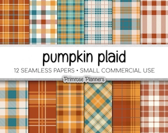 Sömlöst digitalt rutigt höstpapper med blågrönt och orange färg, buffelrutigt, guldrosttartan, modern höstskörd, kommersiellt bruk, 300 DPI