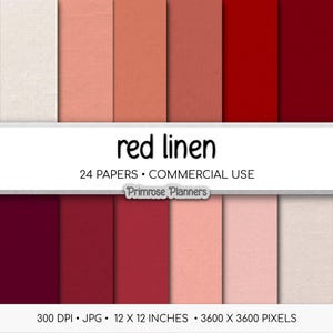 May include: A collection of red linen papers in various shades, from light peach to deep burgundy. The text "red linen" is displayed, along with details about the papers, including "24 PAPERS • COMMERCIAL USE" and the dimensions of 12 x 12 inches.