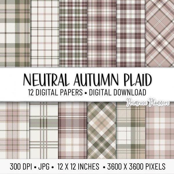 Neutral Autumn Tartan Digital Paper Pack | Digital Tan and Green Paper | Fall Digital Paper | Instant Download for Commercial Use | Plaid