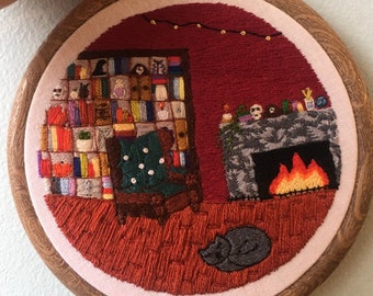 Cozy Library Embroidery Hoop, 'Home'