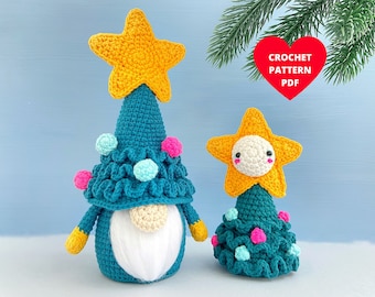 Christmas Tree gnome  and Christmas Star ornament crochet pattern, Funny Christmas keychain, amigurumi gnome patterns