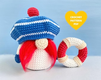 Sailor boy Gnome Crochet Pattern, Fisherman funny gnome, Father's day gift, Summer gnome tutorial