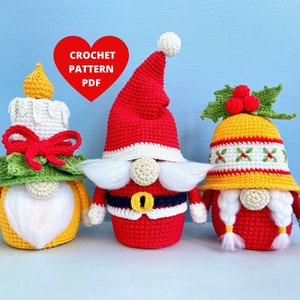 Christmas gnomes Crochet Patterns Set, Santa, Candle, Bell
