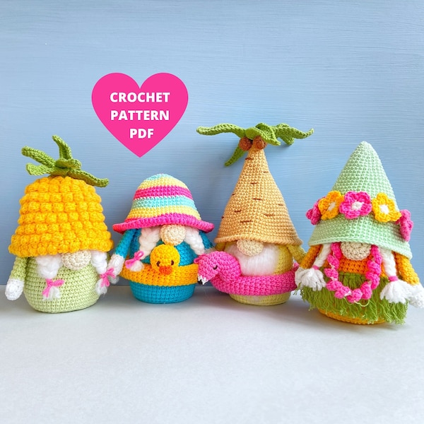 Vacation Gnomes Crochet Patterns 4 in 1 set, Swimmer Hawaii  Palm Pineapple Gnomes, funny summer gnomes