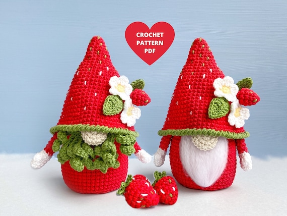 Crochet Pattern Strawberry Gnome, Spring garden PDF tutorial, Garden gnome, Holiday gnome