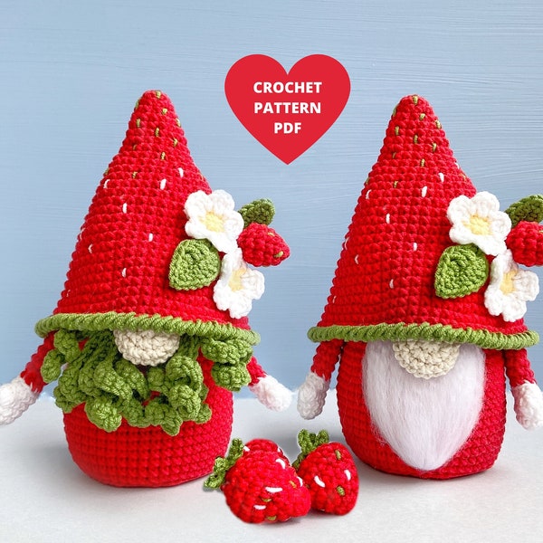Crochet Pattern Strawberry Gnome, Spring garden PDF tutorial, Garden gnome, Holiday gnome