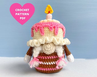Birthday Cake Gnome Pattern, crochet amigurumi pdf pattern, play food