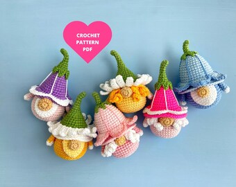 Crochet Pattern Flower Gnomes Bundle, Spring garden gnomes PDF, Daisy, Bell, Petunia, Flowers ornaments, Crochet Flower, Flower keychain