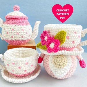 Tea cup Gnome with Teapot Crochet Patterns, Funny amigurumi play food, Birthday basket