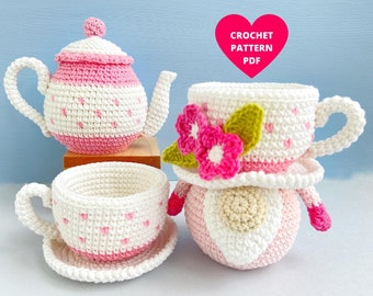 Tea cup Gnome with Teapot Crochet Patterns, Funny amigurumi play food, Birthday basket