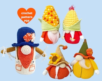 Harvest bundle Gnomes Crochet Pattern, Thanksgiving day gnome, Pumpkins, Corns and Scarecrow gnome pattern PDF