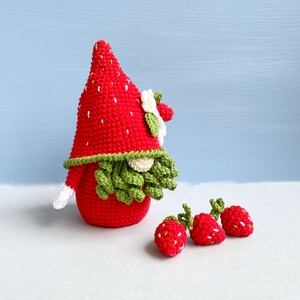 May include: A crocheted strawberry gnome with a green beard and a white flower on its hat. The gnome is surrounded by four smaller crocheted strawberries.