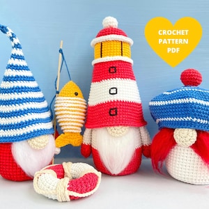 Summer Sea Gnomes Crochet Patterns, Sailor boy, Lighthouse and Fisherman Gnomes PDF