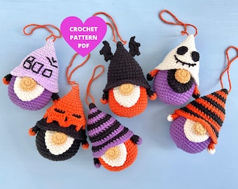 Halloween Gnomes Crochet Pattern, Halloween ornaments, Halloween Crochet keychain pattern, Halloween garland pdf, Ghost, Scull, Bat gnome