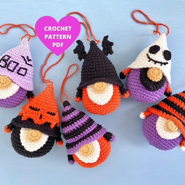 Halloween Gnomes Crochet Pattern, Halloween ornaments, Halloween Crochet keychain pattern, Halloween garland pdf, Ghost, Scull, Bat gnome