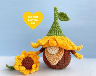 Sunflower Gnome Crochet Pattern, Spring garden Flower PDF tutorial, Garden gnome, Flower gnome