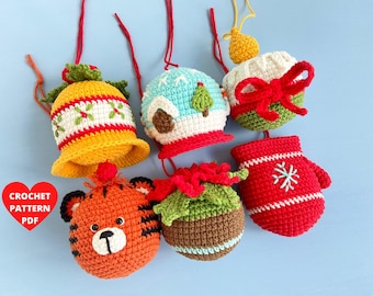 Christmas Tree ornaments SET 6 Crochet patterns, Holiday garland, Bell, Mitten, Snow globe, Tiger, Poinsettia and Candle pdf patterns bundle