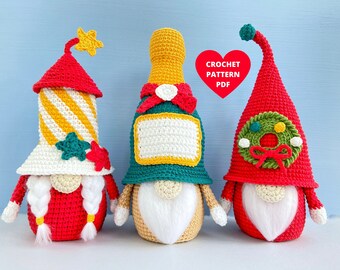 Christmas Celebration Gnomes crochet pattern, Christmas ornament, Firework, Champagne, Wreath Gnomes tutorial pdf, Holiday gnomes