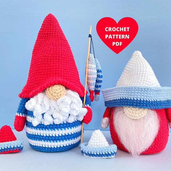 Sailor Fisherman and Boat Gnomes Crochet Pattern, Summer sea gnomes, Holiday gnome, Amigurumi doll pdf, Father’s day gifts idea