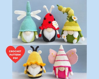 Garden Gnomes Crochet Pattern, Bugs PDF,  Bee, Ladybug, Butterfly, Caterpillar, Dragonfly, Spring gnomes