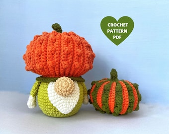 May include: Crochet pattern PDF for a pumpkin gnome and a separate pumpkin. The gnome is wearing a green and white outfit with a pumpkin hat. The pumpkin is orange and green.