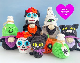 Bundle Halloween Gnomes Crochet Pattern Poison Vial, Scull, Mummy, Black Cat with crochet Halloween Keychains, Holiday gnomes
