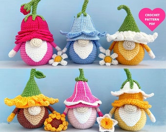 Crochet Pattern Flower Gnome Bundle, Spring garden gnomes PDF, Daisy, Sunflower, Bluebell, Petunia, Rose, Daffodil