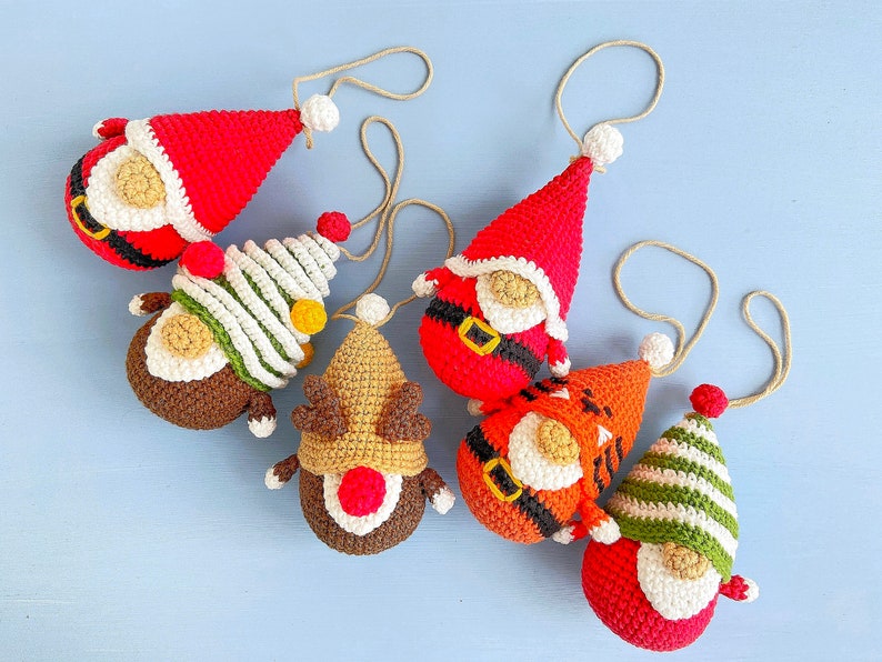 Christmas Ornaments tiny gnomes pattern, Christmas crochet garland, Holiday tiny gnomes ornaments, Tree gnome, Deer gnome, Santa gnome image 2