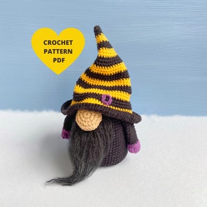 Witch Gnome Crochet Pattern for Halloween decor, amigurumi witch