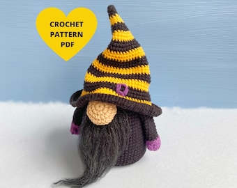 Witch Gnome Crochet Pattern for Halloween decor, amigurumi witch