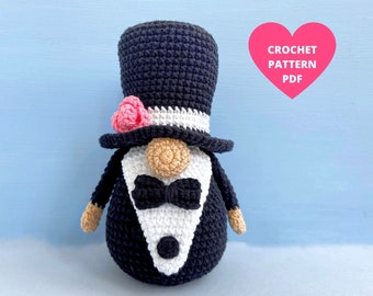 Groom Gnome Crochet Pattern, Gnomes de mariage pdf, gnome de vacances, gnome amigurumi
