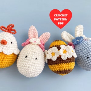 Easter Eggs Crochet Pattern, Flower Bunny ornament, Bee pdf , Chicken décor, Spring Garden PDF tutorial, Easter basket