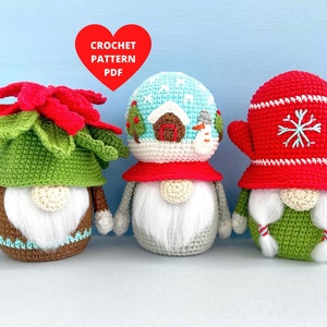 Christmas Gnomes Crochet Pattern SET 3 in 1, Poinsettia, Snow globe and Mitten gnomes pdf patterns