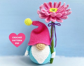 Flower Gnome Crochet Pattern, Birthday gnome with Gerbera, Gerbera gnome, amigurumi flower,  birthday party décor, garden gnome