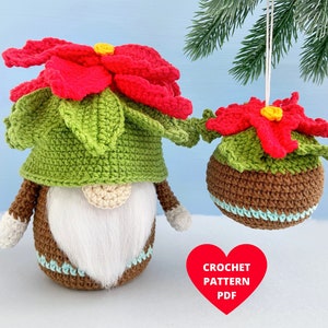 Poinsettia Gnome with Christmas Tree ornament Crochet Pattern, Christmas star flower gnome pdf pattern, Holiday gnomes