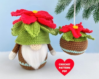 Poinsettia Gnome with Christmas Tree ornament Crochet Pattern, Christmas star flower gnome pdf pattern, Holiday gnomes